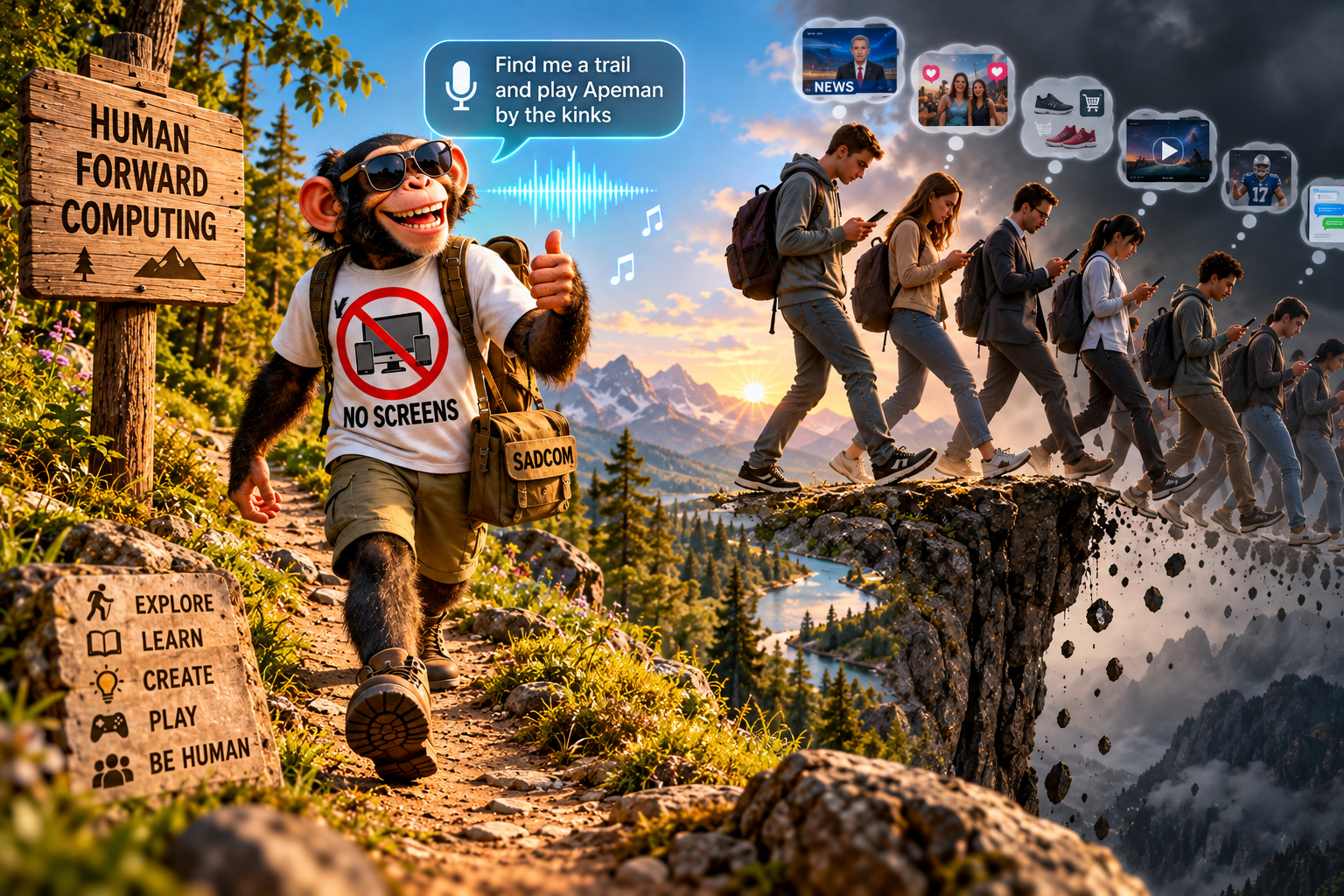 ApeMan hiking while other people walk toward a cliff looking at screens